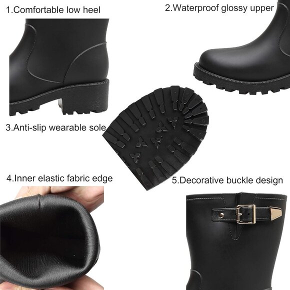 Women’s Waterproof Rubber Chelsea Rain Boots Calf High Slip On - Picture 3 of 7